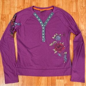 Womens DOHC Vintage Y2K Long Sleeve Henley Top Floral Tattoo Pearl Snap Medium